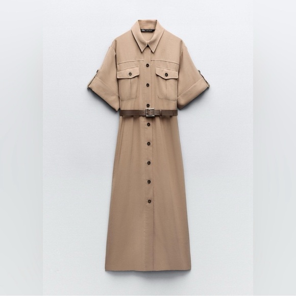 🎤🎉 Zara Beige Button Down Shirt Dress with Belt Sz XL - Picture 3 of 16